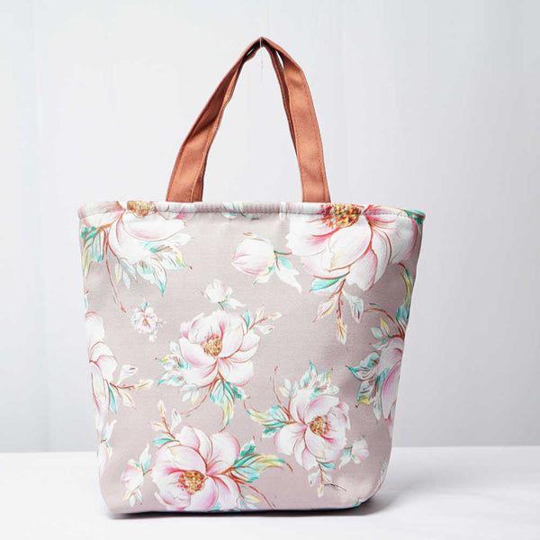 Pink Floral Printed Canvas Lunch Bag With Handle