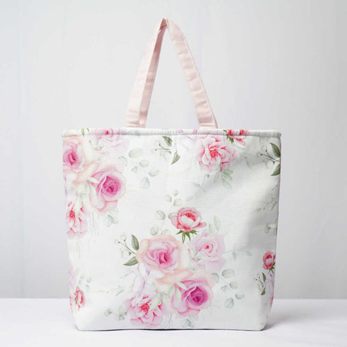 Pink Rose Printed Canvas Lunch Bag With Handle