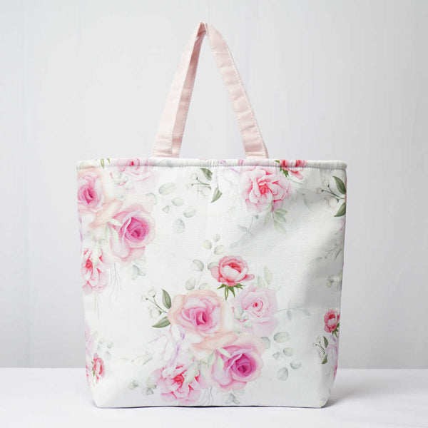 Pink Rose Printed Canvas Lunch Bag With Handle