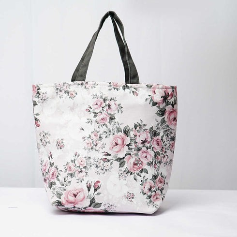 Pink Rose Printed Canvas Lunch Bag With Handle