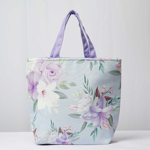 Purple Floral Printed Lunch Bag With Handle