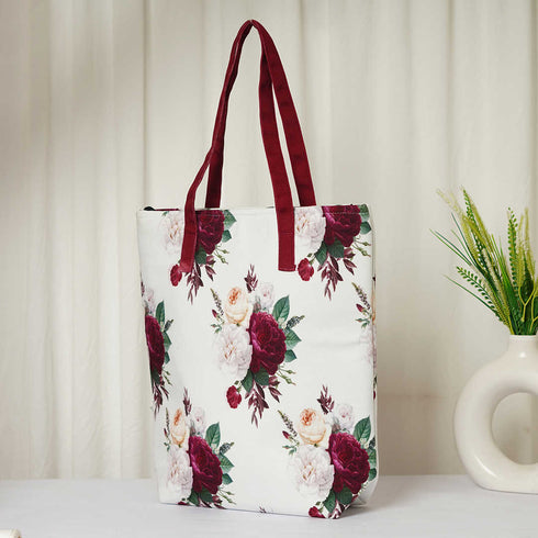 Red & White Floral Printed Oversized Shopper Tote Bag - Uncommongifts.in