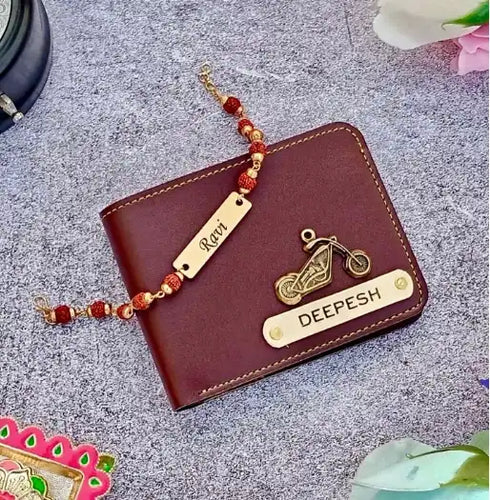 Personalised Men Wallet With Rudraksh Rakhi Combo