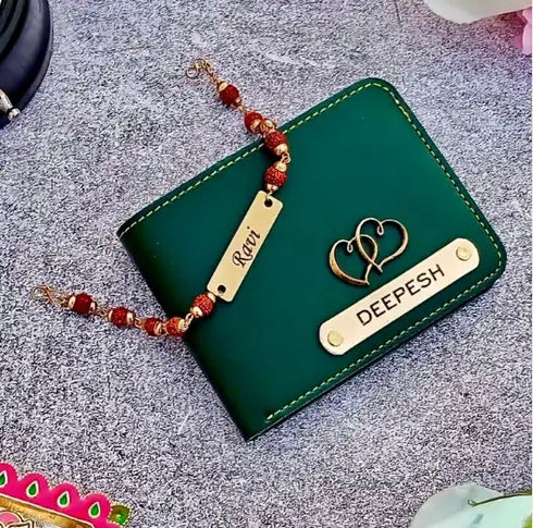 Personalised Men Wallet With Rudraksh Rakhi Combo