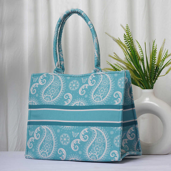 Sky Blue Ethnic Motifs Printed Handheld Box Bag - Uncommongifts.in