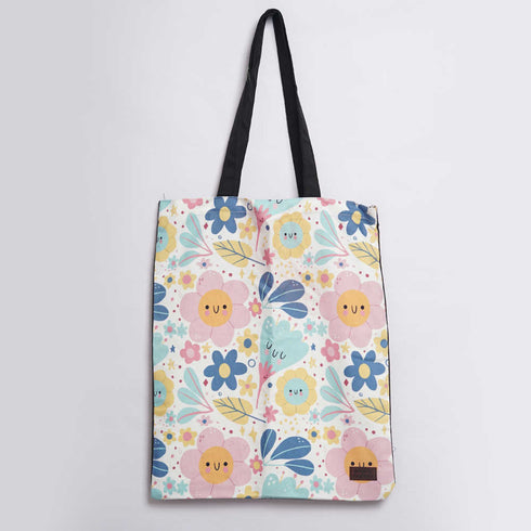 Smiley Flowers Printed Tote Bag