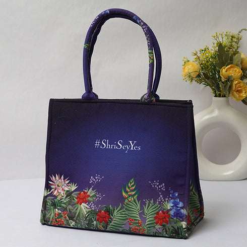Blue Floral Personalised Printed Box Tote Bag - Uncommongifts.in