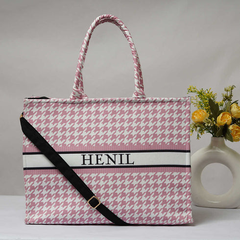 Baby Pink Geometric Printed Personalised Box Tote Bag - Uncommongifts.in