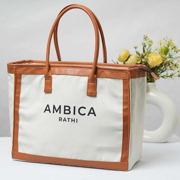 White & Beige Personalised Handbag - Uncommongifts.in