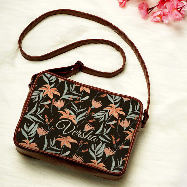 Black Floral Printed Customised Sling Bag - Uncommongifts.in