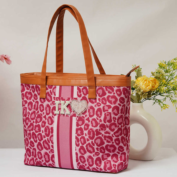 Pink Leopard Pearl Alphabets Personalised Handbag - Uncommongifts.in