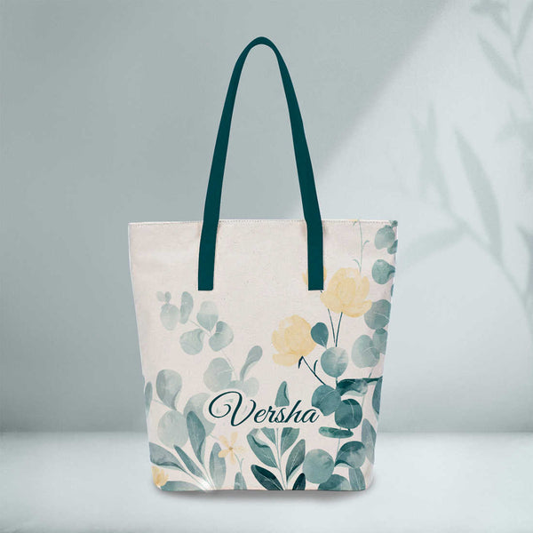 Off White & Green Printed Structured Tote Bag - Uncommongifts.in