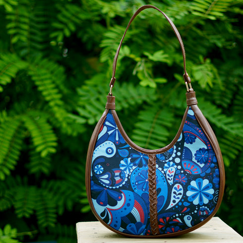 Ethnic Motifs Blue Printed Half Moon Hobo Bag - Uncommongifts.in