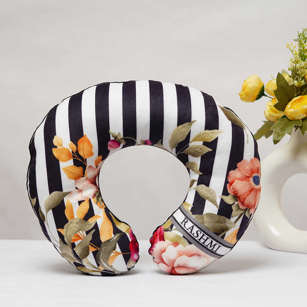 Personalized Floral Printed Black & White Neck Pillow - Uncommongifts.in