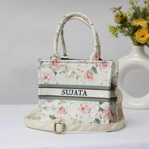 Personalised Pink Floral Printed Sling Bag - Uncommongifts.in