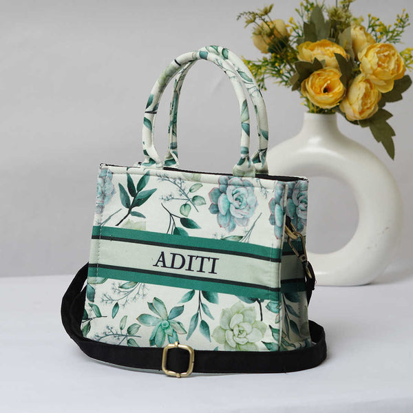 Personalised White & Green Floral Printed Sling Bag - Uncommongifts.in