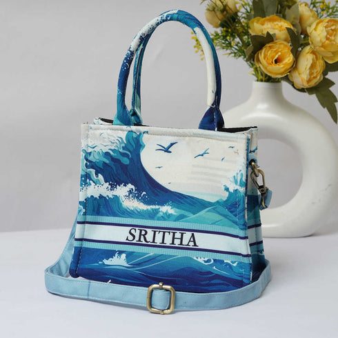 Personalised Blue Printed Sling Bag - Uncommongifts.in