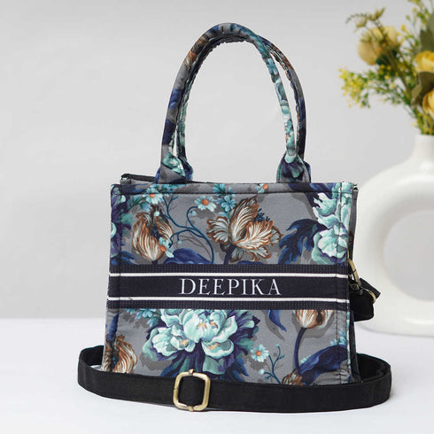 Grey Floral Printed Personalised Sling Bag - Uncommongifts.in