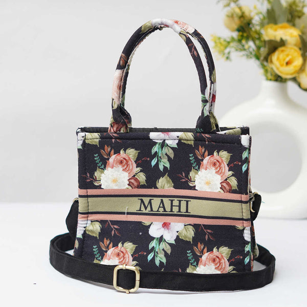 Personalised Black Floral Printed Sling Bag - Uncommongifts.in