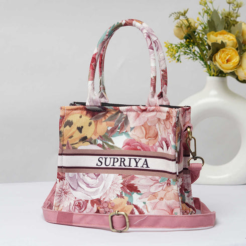 Personalised Pink Floral Printed Sling Bag - Uncommongifts.in