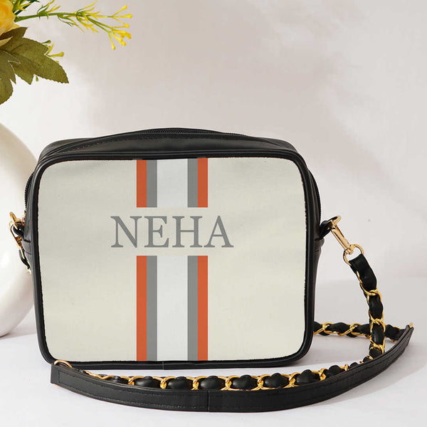 Canvas Customized White Striped Sling Bag - Uncommongifts.in