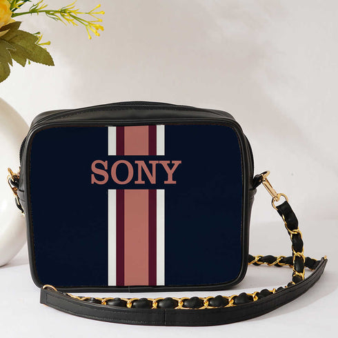 Canvas Customized Black Striped Sling Bag - Uncommongifts.in