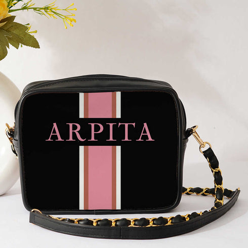 Black Customized Pink Striped Sling Bag - Uncommongifts.in