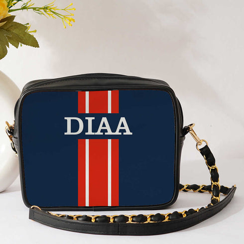 Navy Blue Customized Red Striped Sling Bag - Uncommongifts.in