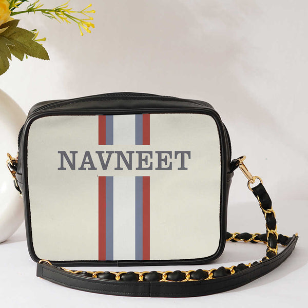 Personalised White Striped Sling Bag - Uncommongifts.in