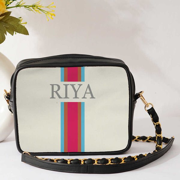 White Customized Pink Striped Sling Bag - Uncommongifts.in