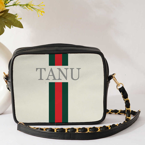 White Customized Red Striped Sling Bag - Uncommongifts.in