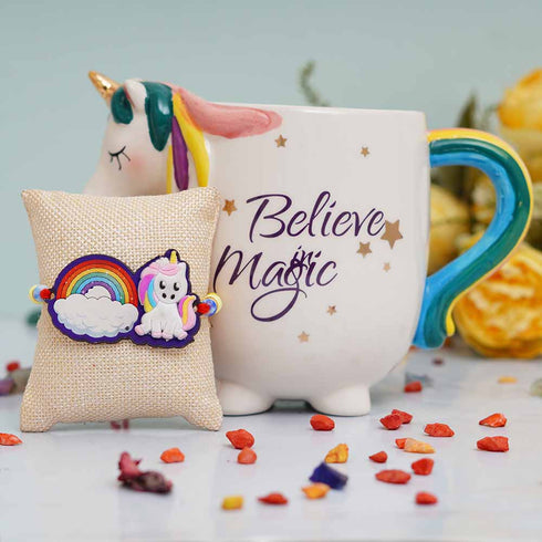 Unicorn Rakhi & Unicorn Shaped 3D Mug Gift Combo for Kids
