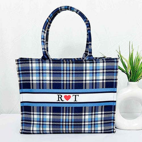 Personalised Blue Check Printed Box Bag Combo Gift Set