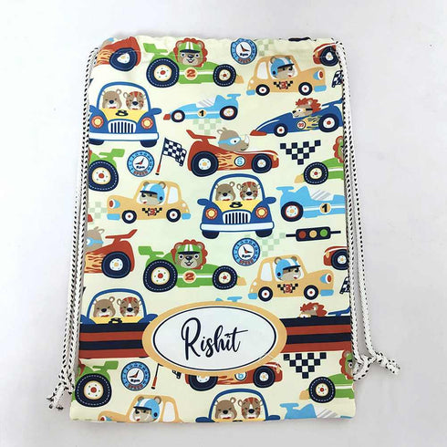 Personalised Cars Printed Kids Drawstring Bag
