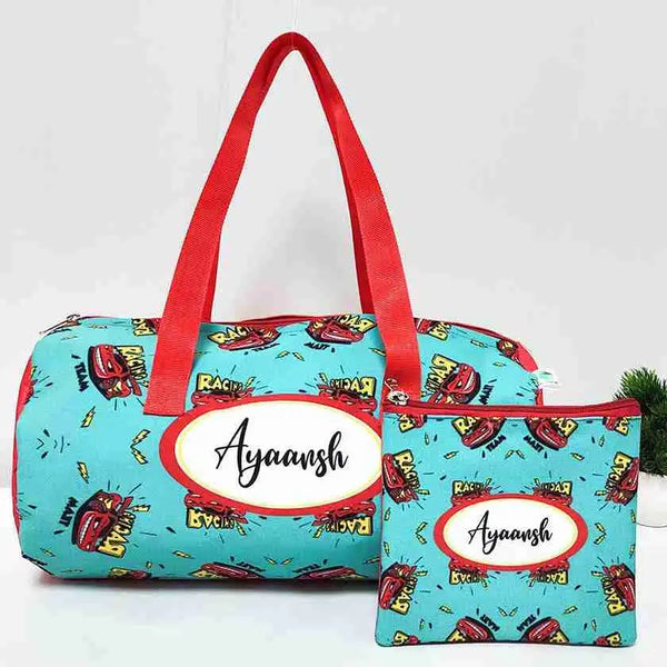 Personalized Car Printed Kids Duffle Bag with Wet Pouch Gift Combo