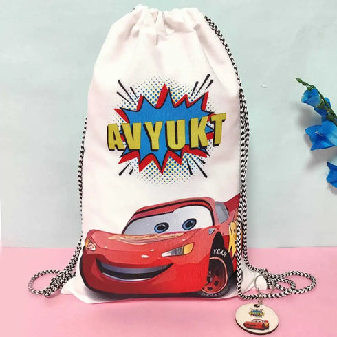 Personalized Car Printed Drawstring Bag with Keychain Combo for Kids