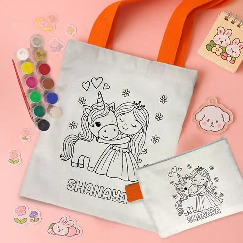 Personalized Kids DIY Tote Bag with Pouch Coloring Combo