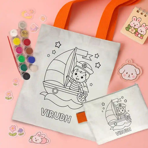 Personalized Kids DIY Tote Bag with Pouch Coloring Combo