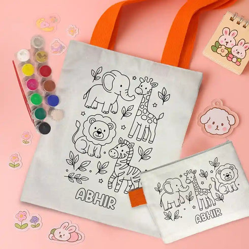 Personalized Kids DIY Tote Bag with Pouch Coloring Combo