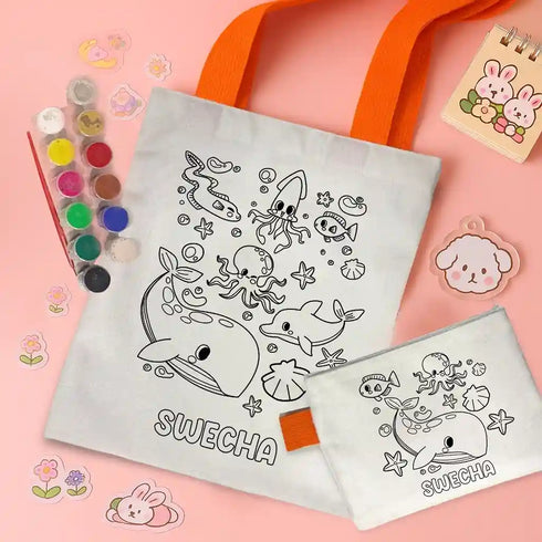 Personalized Kids DIY Tote Bag with Pouch Coloring Combo