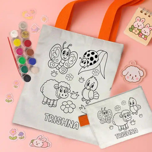 Personalized Kids DIY Tote Bag with Pouch Coloring Combo
