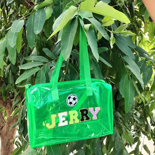 Personalised Kids Jelly Duffle Bag with Patch and Initial Letter - Green