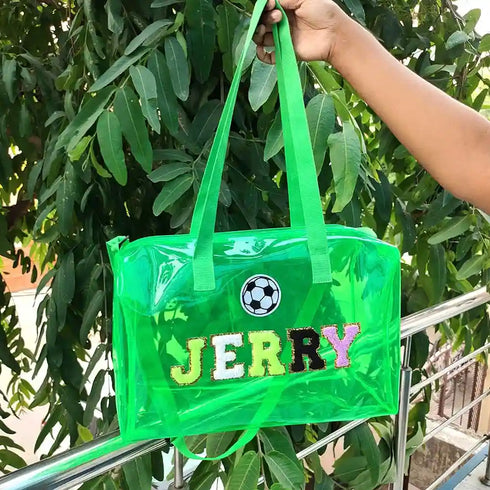 Personalised Kids Jelly Duffle Bag Combo with Patch and Initial Letter - Green