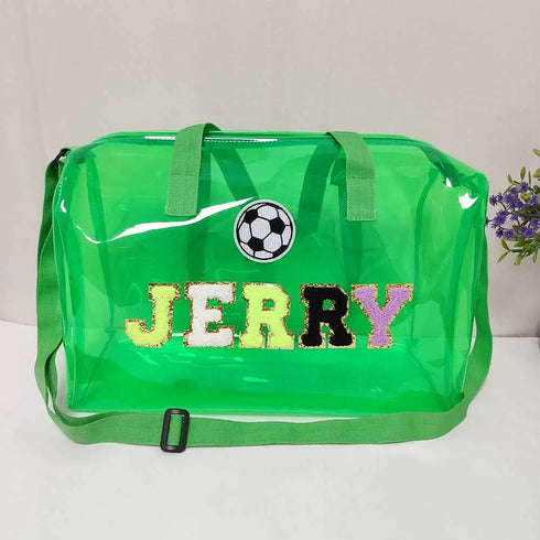 Personalised Kids Jelly Duffle Bag with Patch and Initial Letter - Green