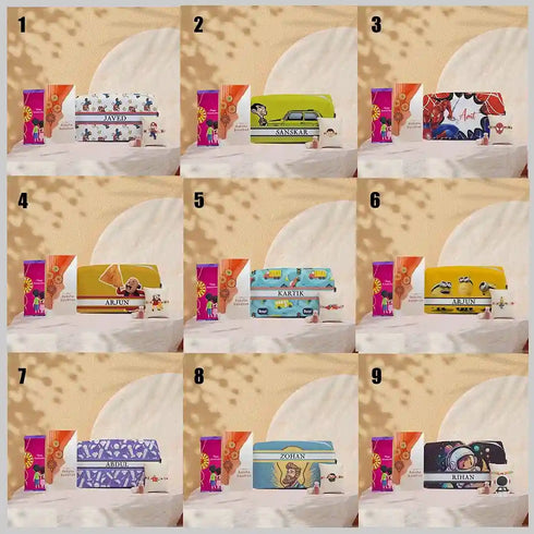 Personalised Box Pouch & Cartoon Rakhi Gift Combo For Kids