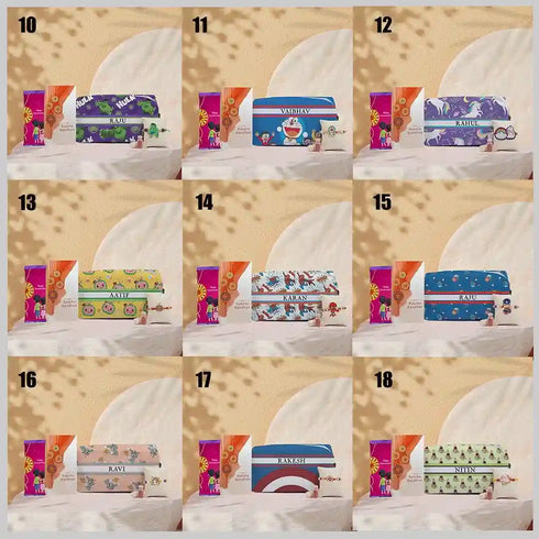 Personalised Box Pouch & Cartoon Rakhi Gift Combo For Kids