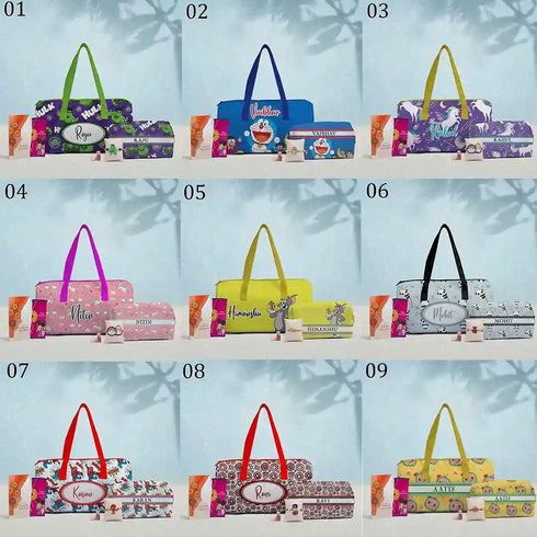 Personalised Cartoon Rakhi and Duffle Bag Gift Combo for Kids