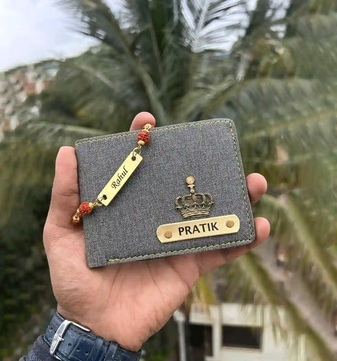 Personalised Men Wallet With Rudraksh Rakhi Combo