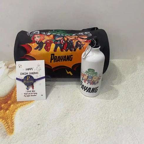 Personalized Duffle Bag with Bottle Rakhi Combo for Kids
