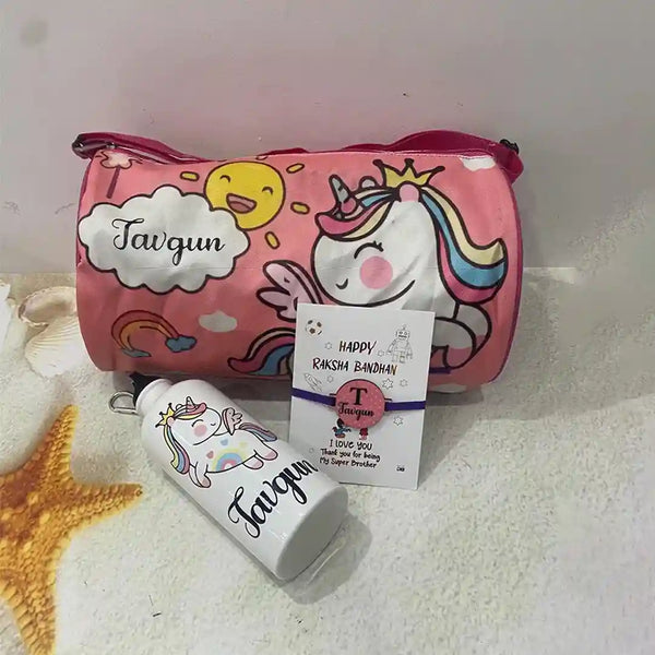 Personalized Duffle Bag with Bottle Rakhi Combo for Kids